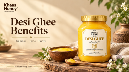 Khaas Honey Desi Ghee Benefits – Pure golden desi ghee in a jar with a traditional bowl and wooden spoon, highlighting natural quality and traditional preparation.