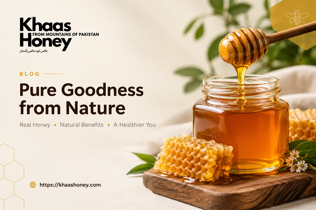 Khaas Honey blog banner featuring pure natural honey flowing from a wooden dipper into a glass jar, surrounded by honeycomb and greenery, with the Khaas Honey logo and website khaashoney.com.