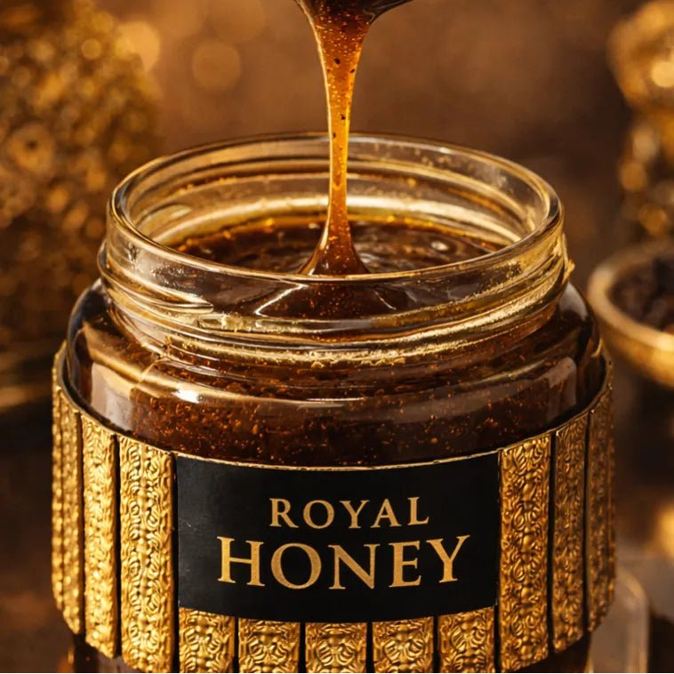 Royal Honey product jar with honey-dipped spoon