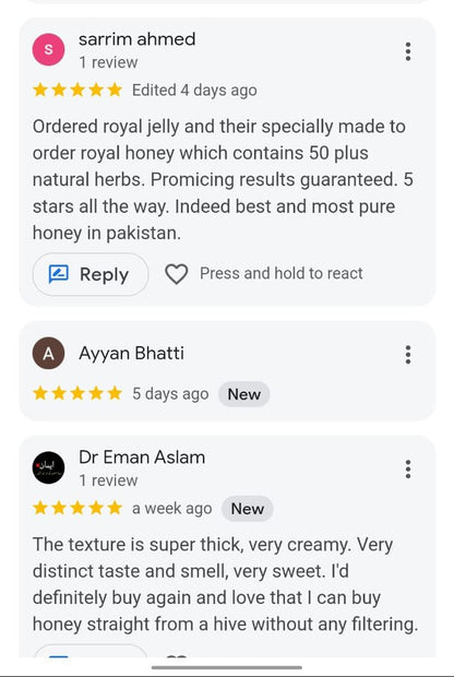 Five Star Reviews for Royal Jelly in Choti Makhi Beri Honey - Pure Blend - Khaas Honey